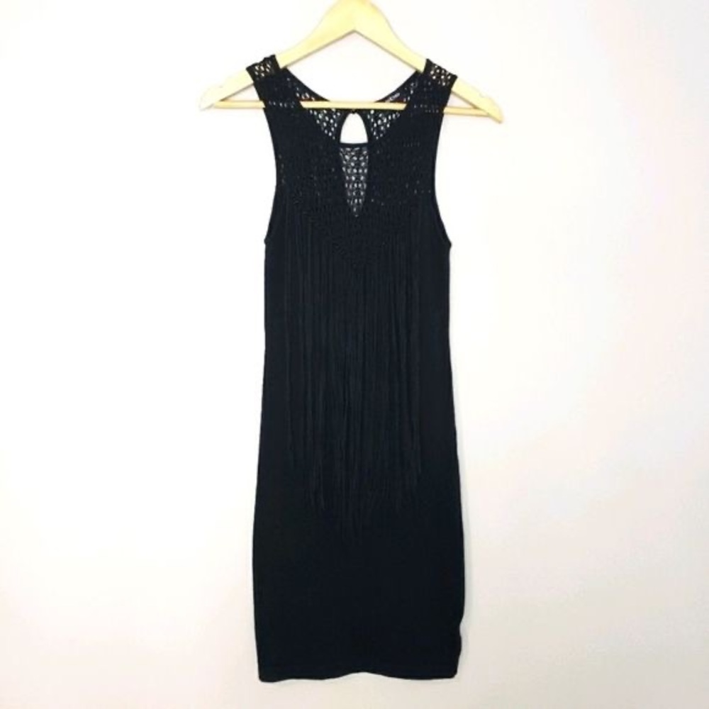 BEBE Black Dress with Crochet Detail, Fringes and Beads
